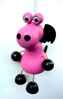 Federfigur Drache pink mit Spiralfeder und Holzring zum Aufhängen
