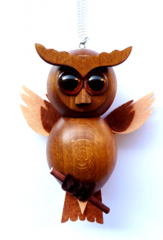 Federfigur Eule mit Spiralfeder und Holzring zum Aufhängen