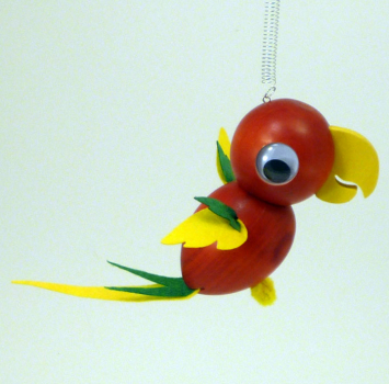 Federfigur Papagei rot mit Spiralfeder und Holzring zum Aufhängen