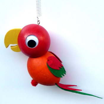 Federfigur Papagei orange/rot mit Spiralfeder und Holzring zum Aufhängen