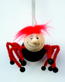 Federfigur Spinne rot/weiß mit Spiralfeder und Holzring zum Aufhängen